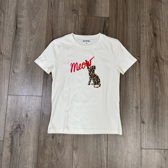 J.Crew Classic-Fit Meow Graphic T-shirt WMNS XS Cream Red Short Sleeve Crew Neck - Picture 3 of 8